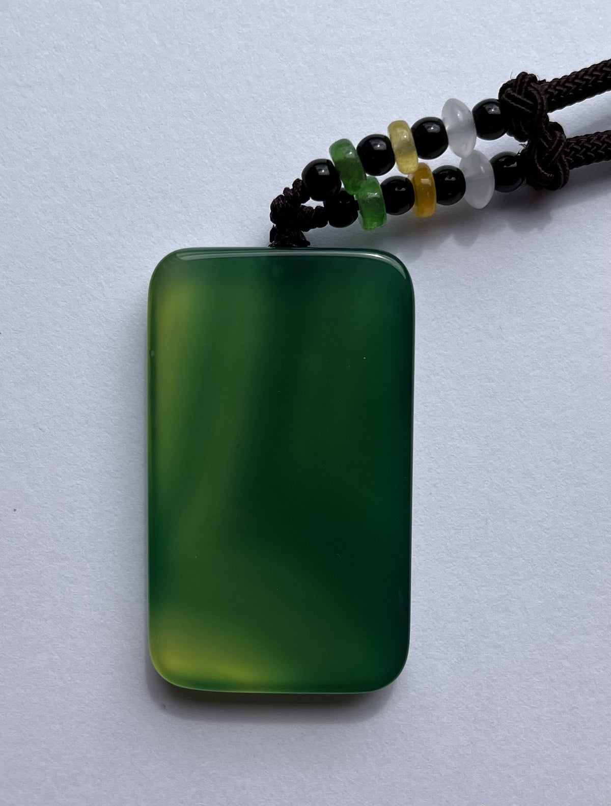 Natural Green Agate Rectangular Pendant Necklace - Certified Gemstone with Beaded Cord | 30.21g Authentic Chinese Jade Jewelry