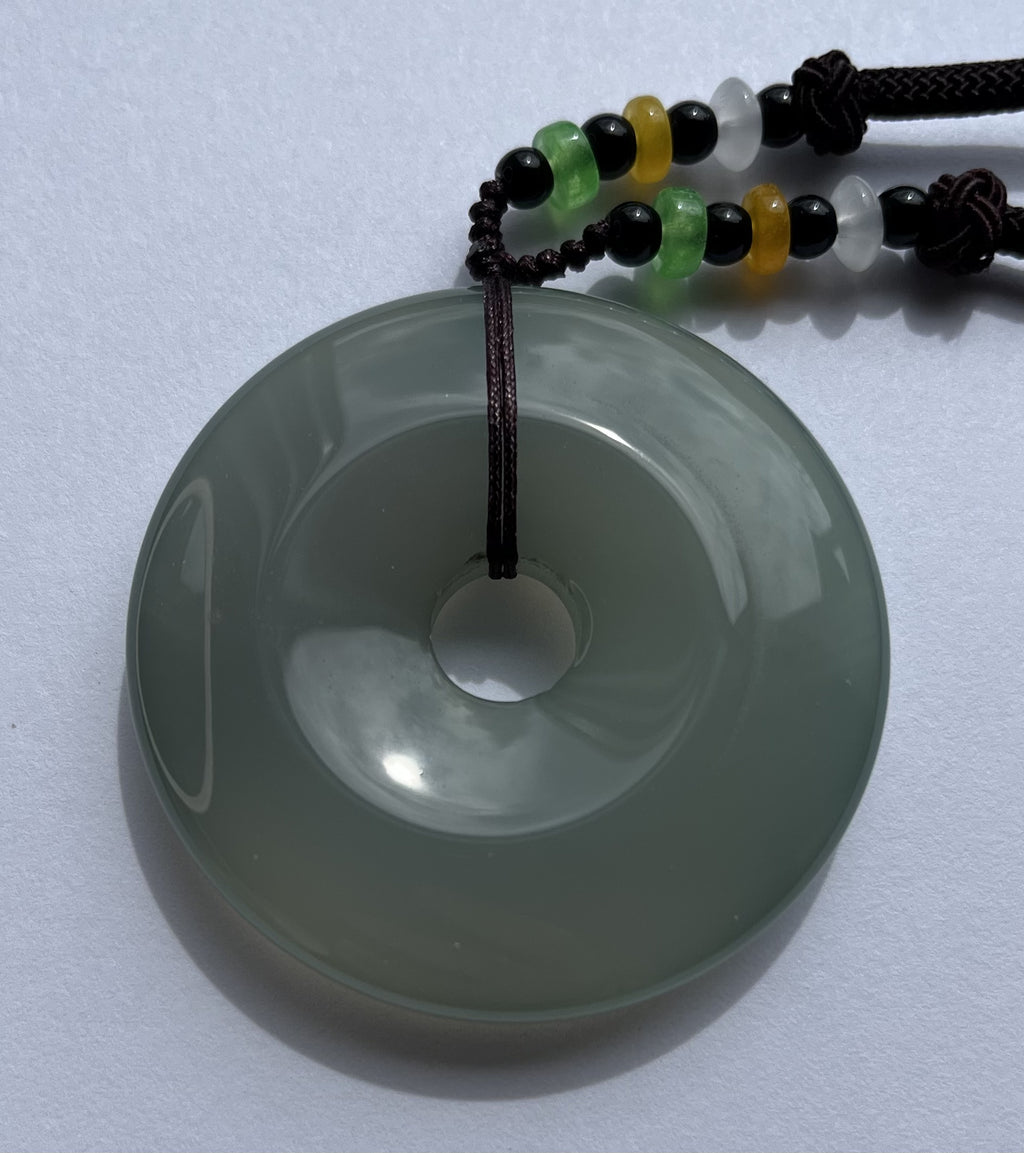 Natural Jade Safety Disc Pendant Necklace - Traditional Ping An Kou with Beaded Cord | Protection & Good Fortune Amulet