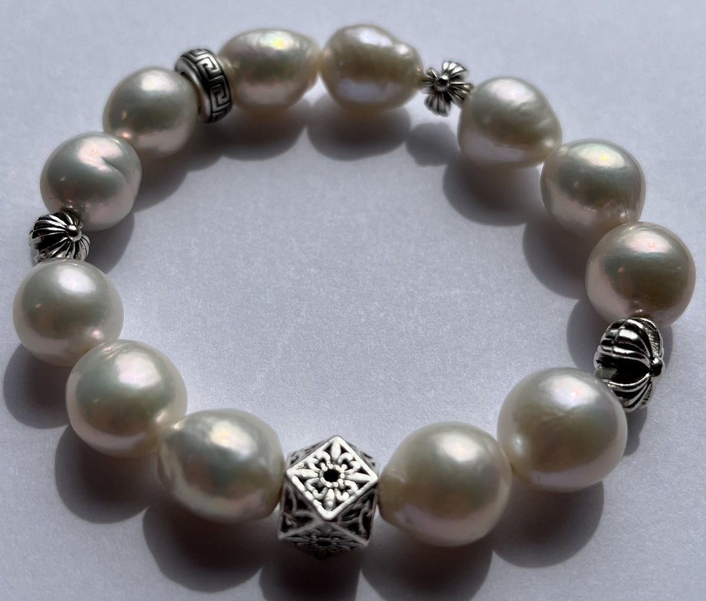 Vintage Baroque Freshwater Pearl Bracelet with Antique Silver Accents